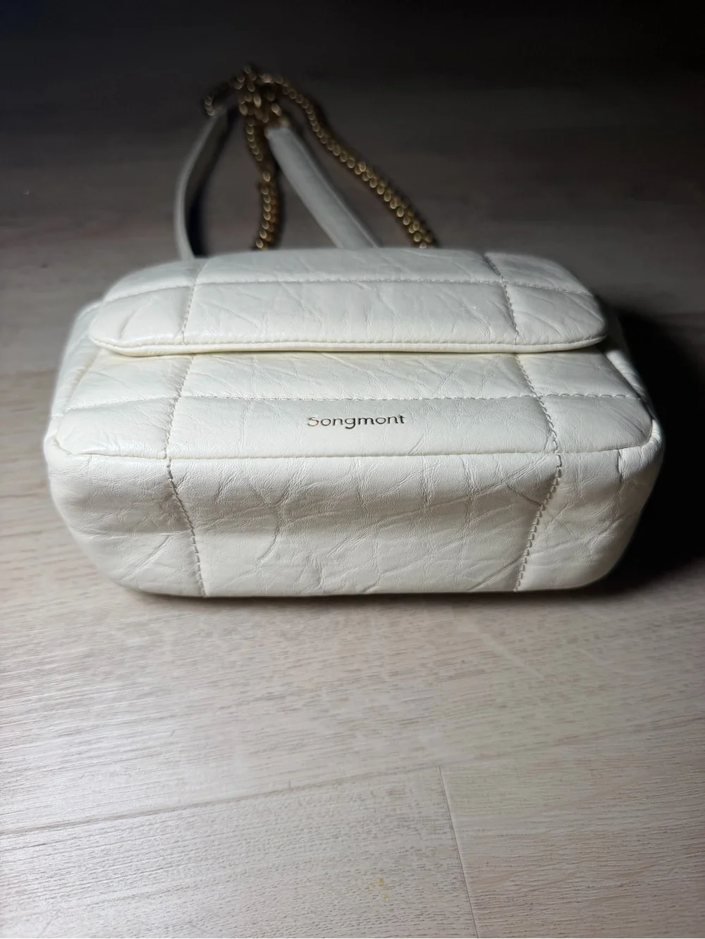 Songmont White Quilted Leather Shoulder Bag with Gold Chain and Hardware